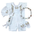 Baby Boys Satin Baptism & Christening Outfit | Premium White & Beige Romper with Cap, Tiara & Candle | Infant Ceremony & Photoshoot Dress Set