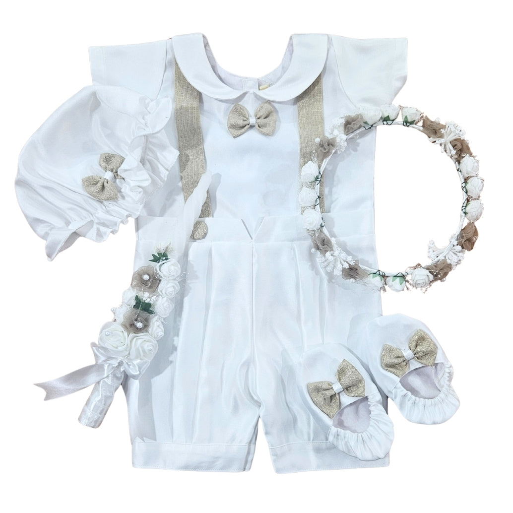 Baby Boys Satin Baptism & Christening Outfit | Premium White & Beige Romper with Cap, Tiara & Candle | Infant Ceremony & Photoshoot Dress Set