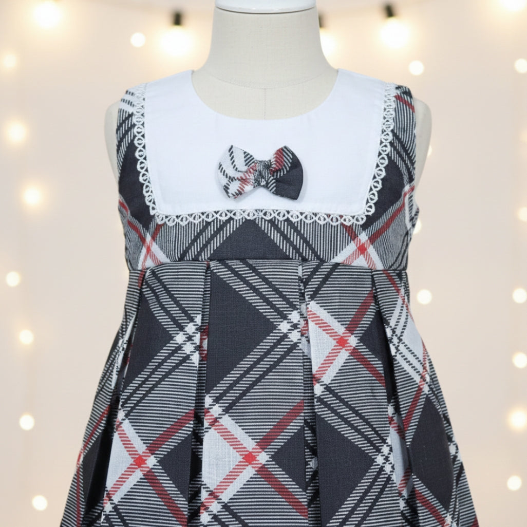 Girls Black & White Plaid Winter Frock with Red Accent - Holiday Dress