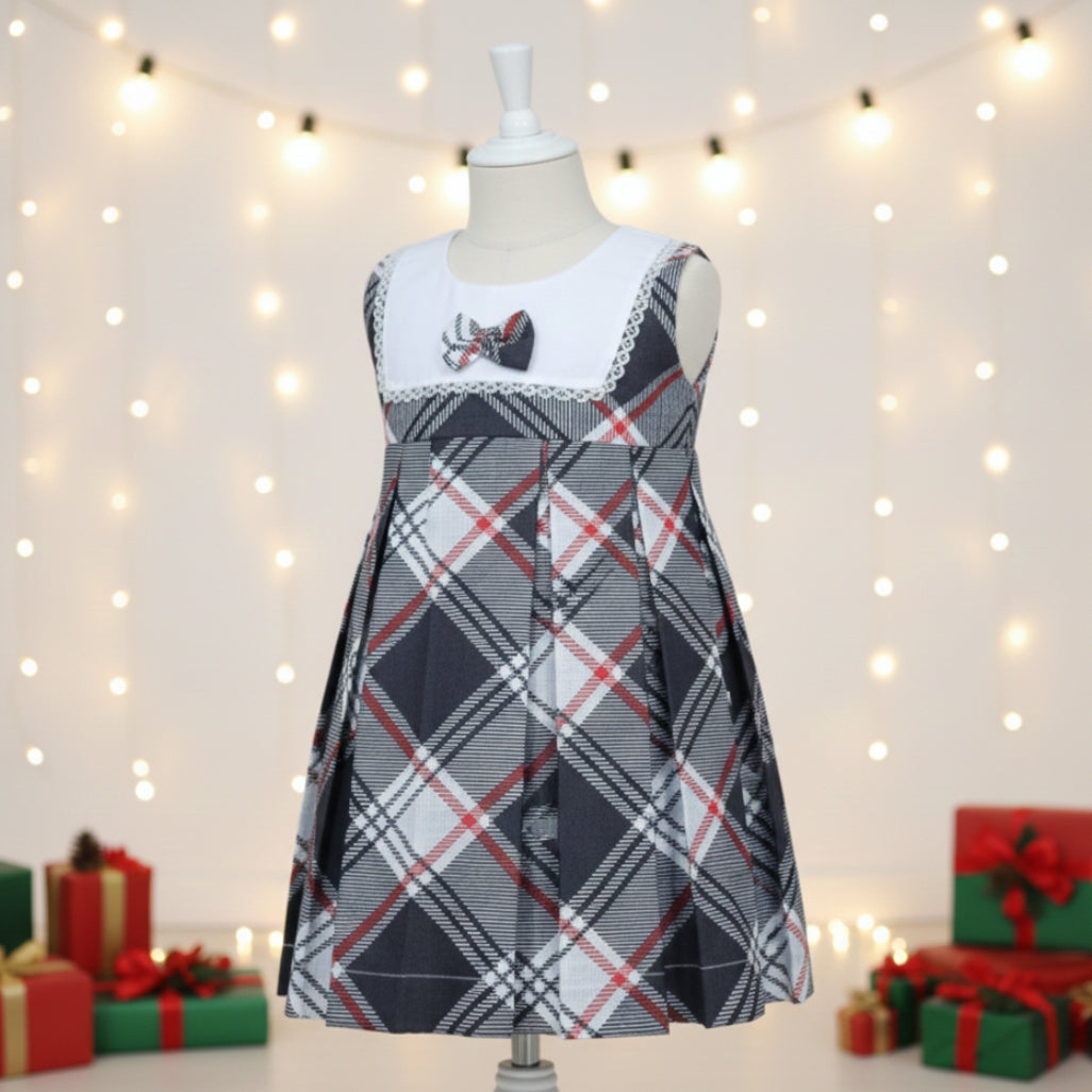 Girls Black & White Plaid Winter Frock with Red Accent - Holiday Dress