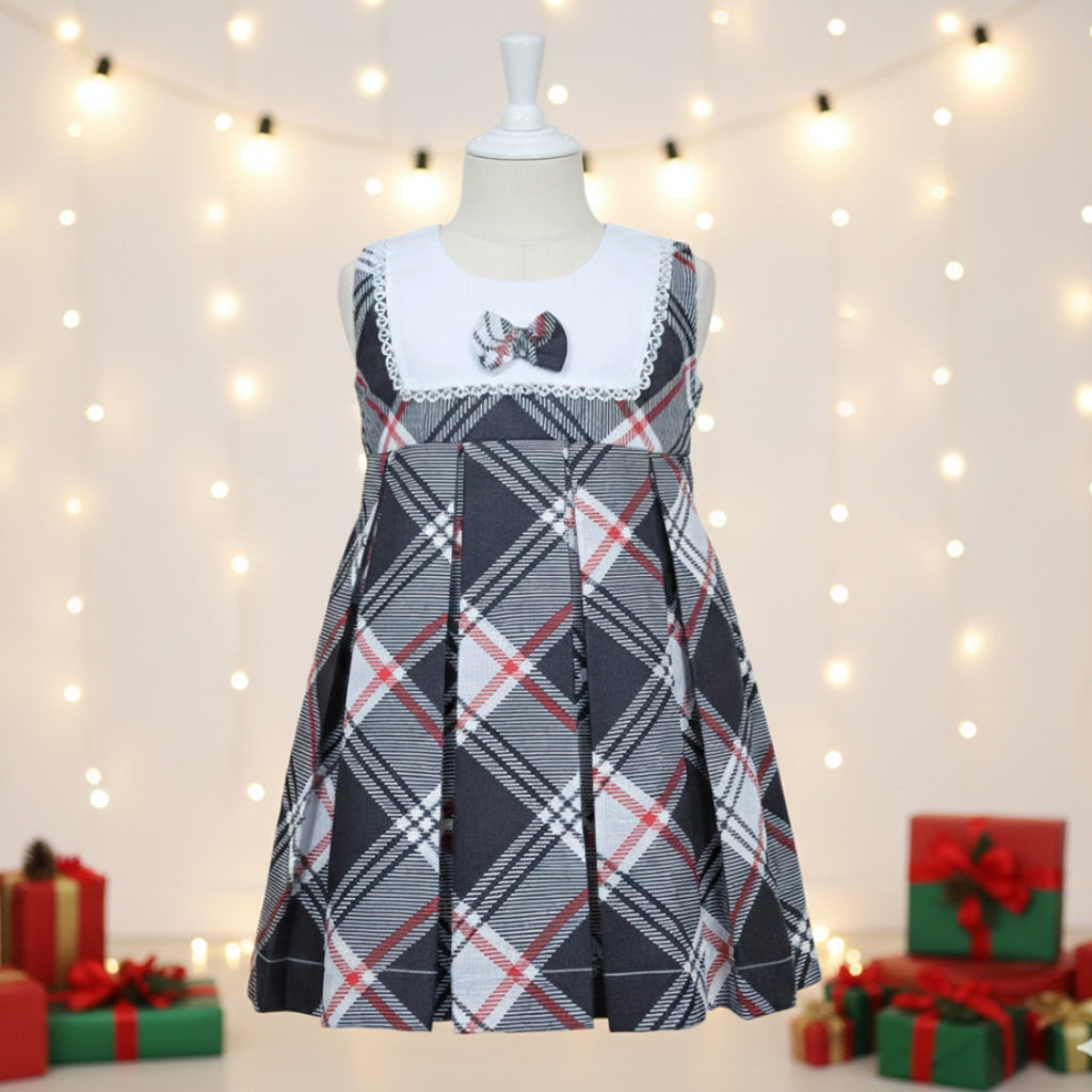 Girls Black & White Plaid Winter Frock with Red Accent - Holiday Dress