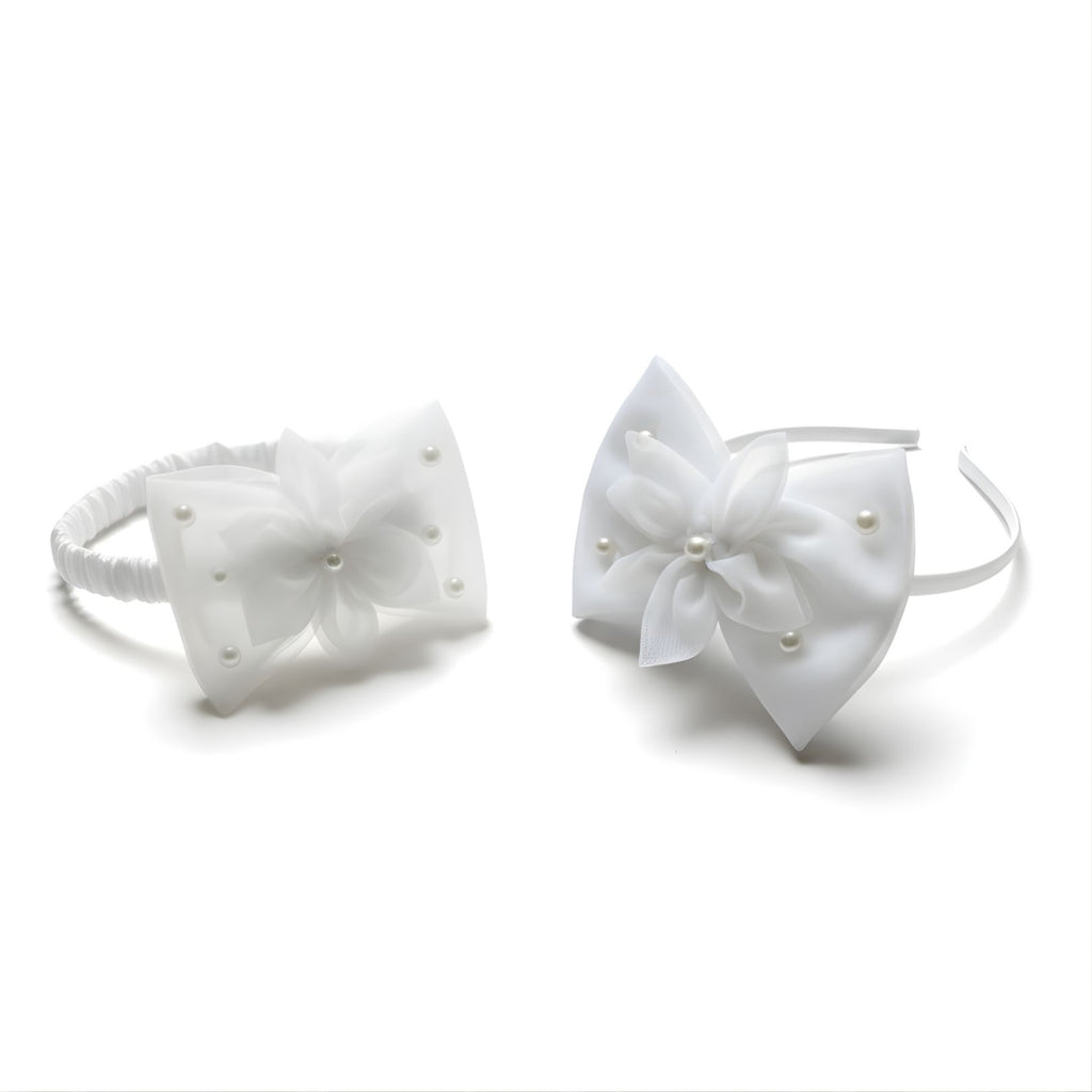 White Baby Headband & Hairband with Tulle Flower and Pearls for Photoshoots & Special Occasions