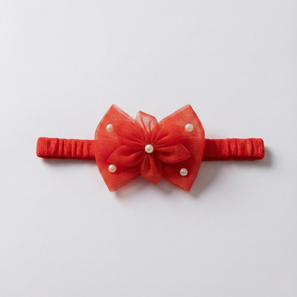 Red Baby Headband & Hairband with Tulle Flower and Pearls for Photoshoots & Special Occasions