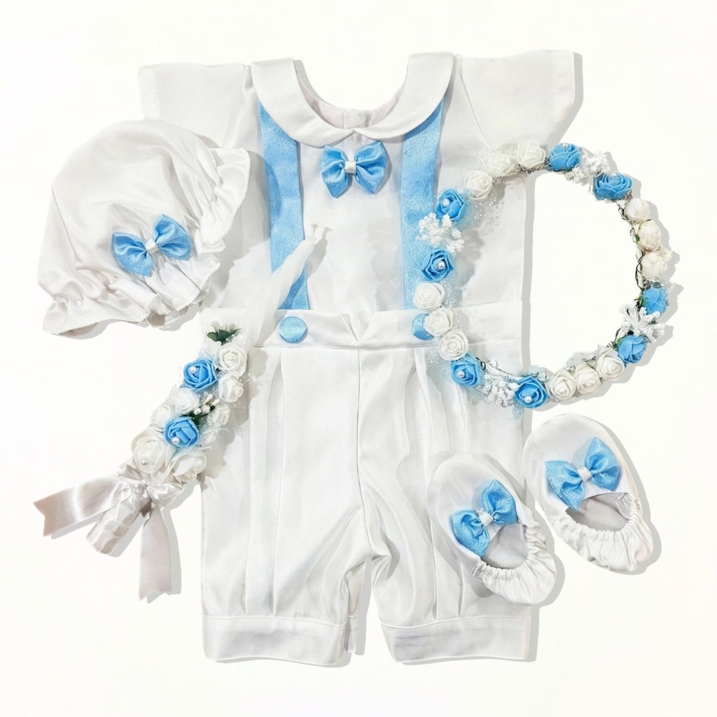 Baby Boy Baptism Romper & Combo Set (White & Blue Satin) | Christening Outfit 0-6 Months