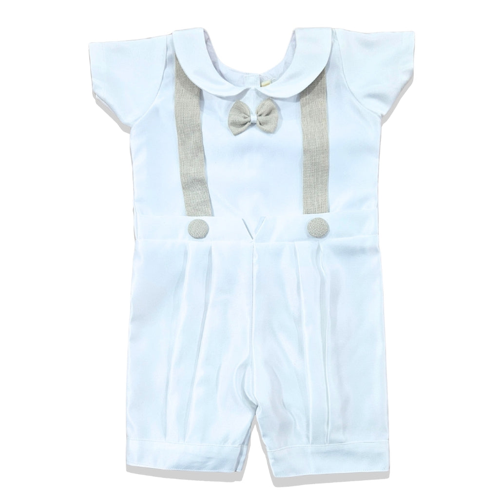 Baby Boys Satin Baptism & Christening Outfit | Premium White & Beige Romper with Cap, Tiara & Candle | Infant Ceremony & Photoshoot Dress Set