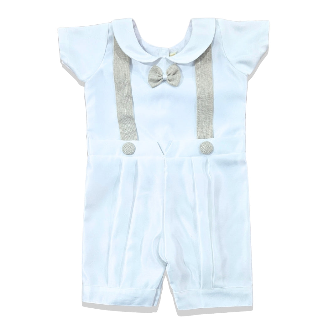 Baby Boys Satin Baptism & Christening Outfit | Premium White & Beige Romper with Cap, Tiara & Candle | Infant Ceremony & Photoshoot Dress Set