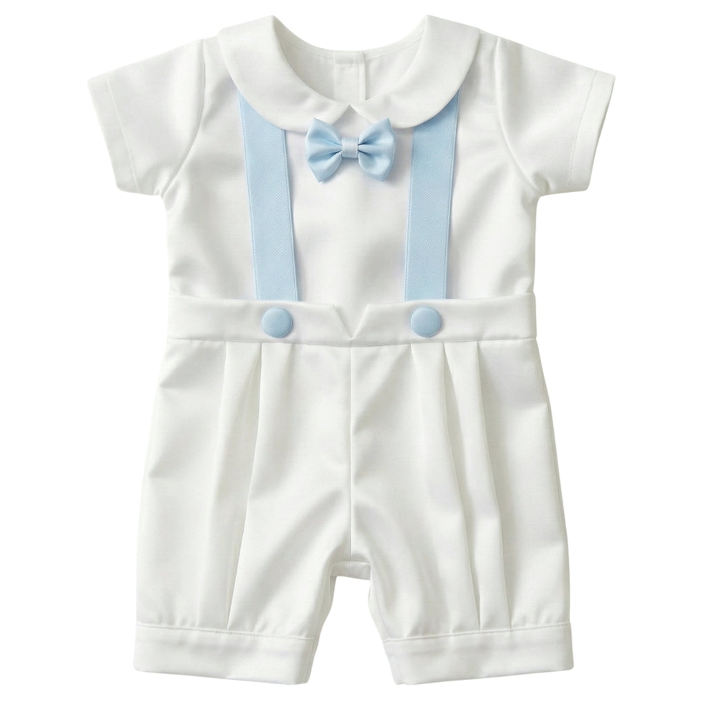Baby Boy Baptism Romper & Combo Set (White & Blue Satin) | Christening Outfit 0-6 Months