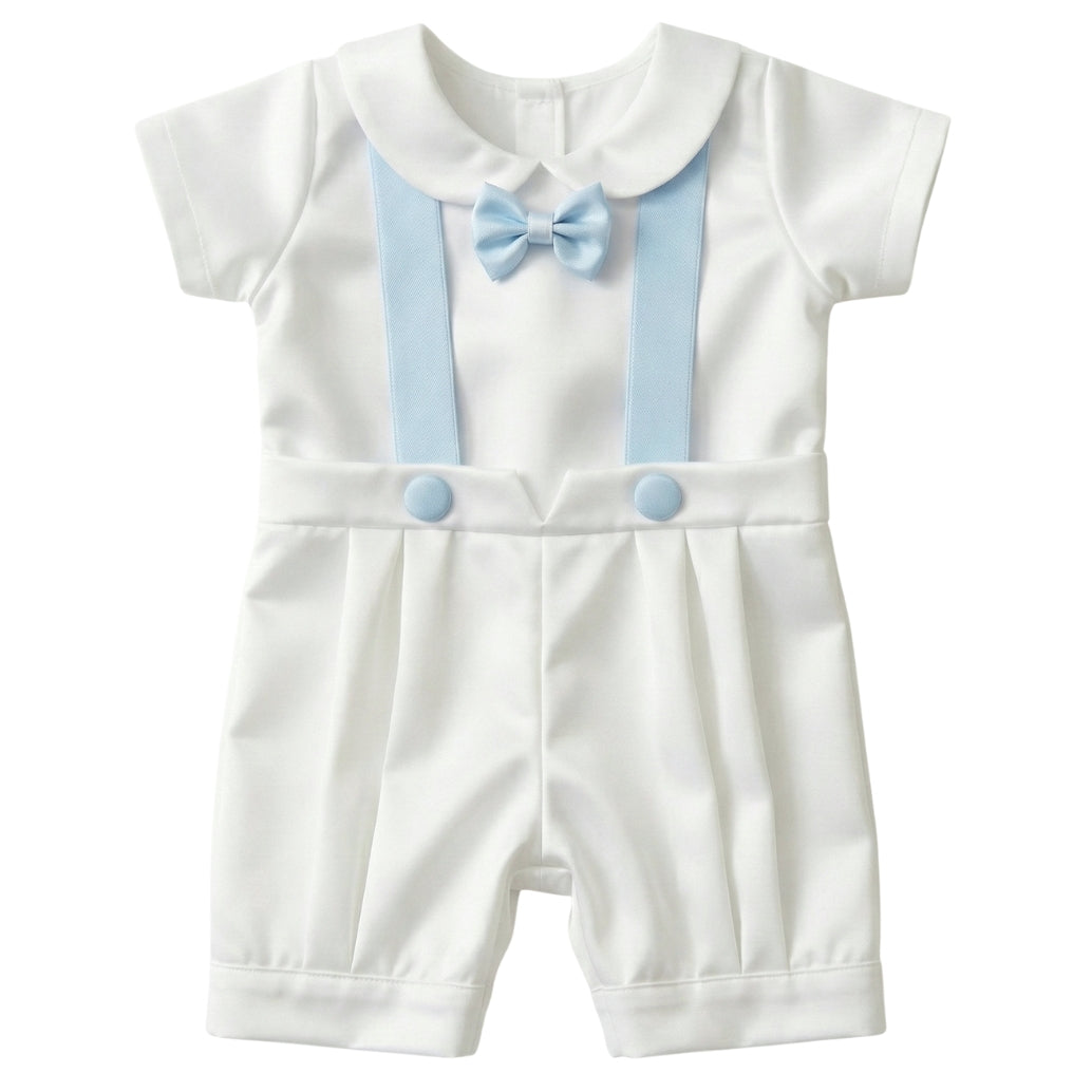 Baby Boy Baptism Romper & Combo Set (White & Blue Satin) | Christening Outfit 0-6 Months