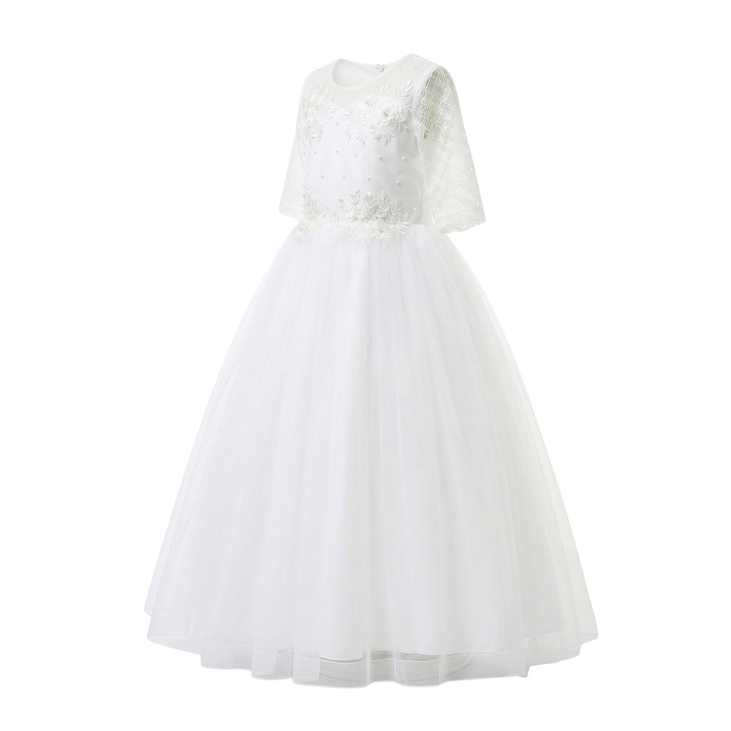 WHITEHOUSEMINIS Classic White Floor-Length Gown for First Holy Communion, Flower Girl & Special Occasions