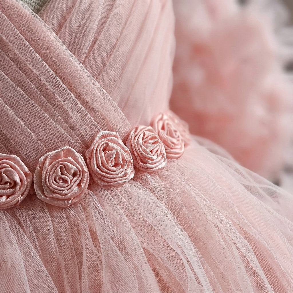 Baby Girl Blush Pink Tulle Party Dress with Satin Rose Belt & Matching Headband – Birthday, Photoshoot, Special Occasion Outfit