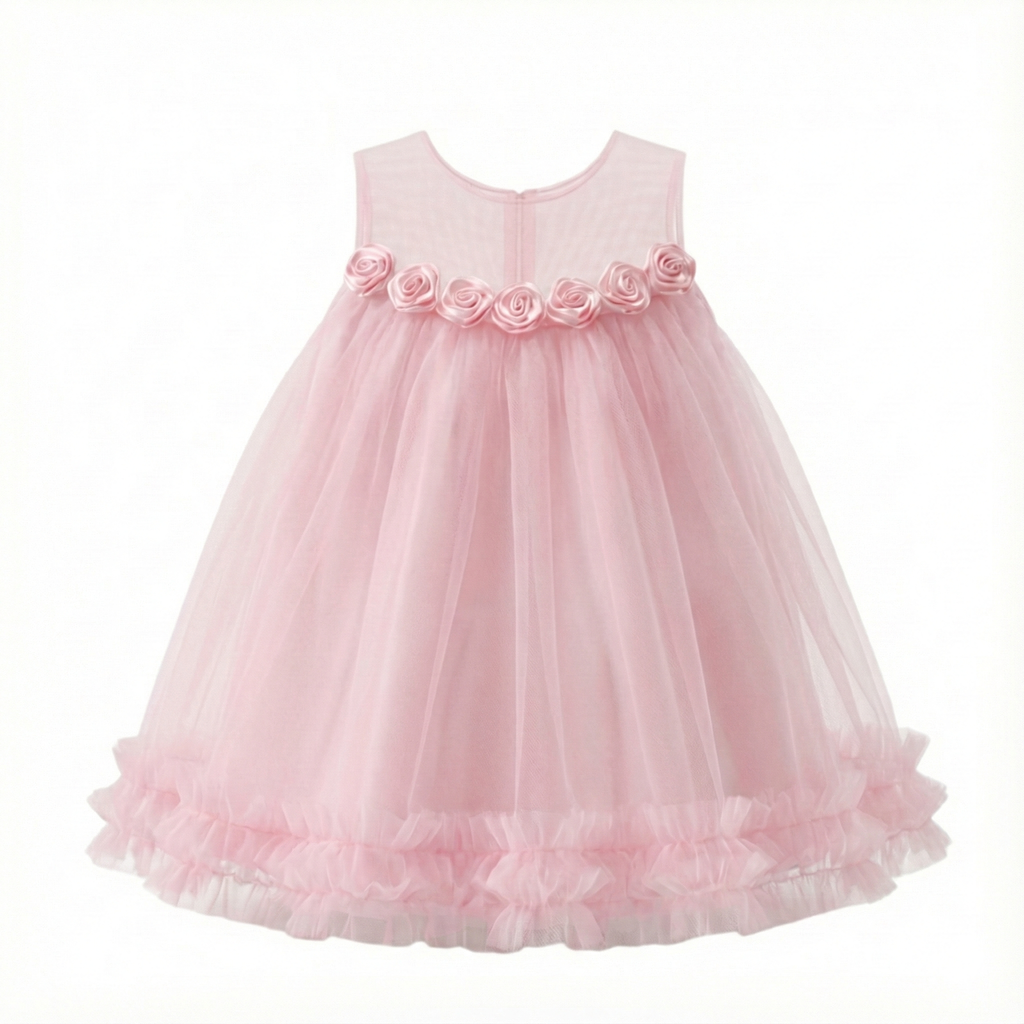 Baby Girls Pink Floor Length Special Occasion Frock | 0–6 Months | Satin Rose Applique Party Dress for Baptism, Birthday & Photoshoot
