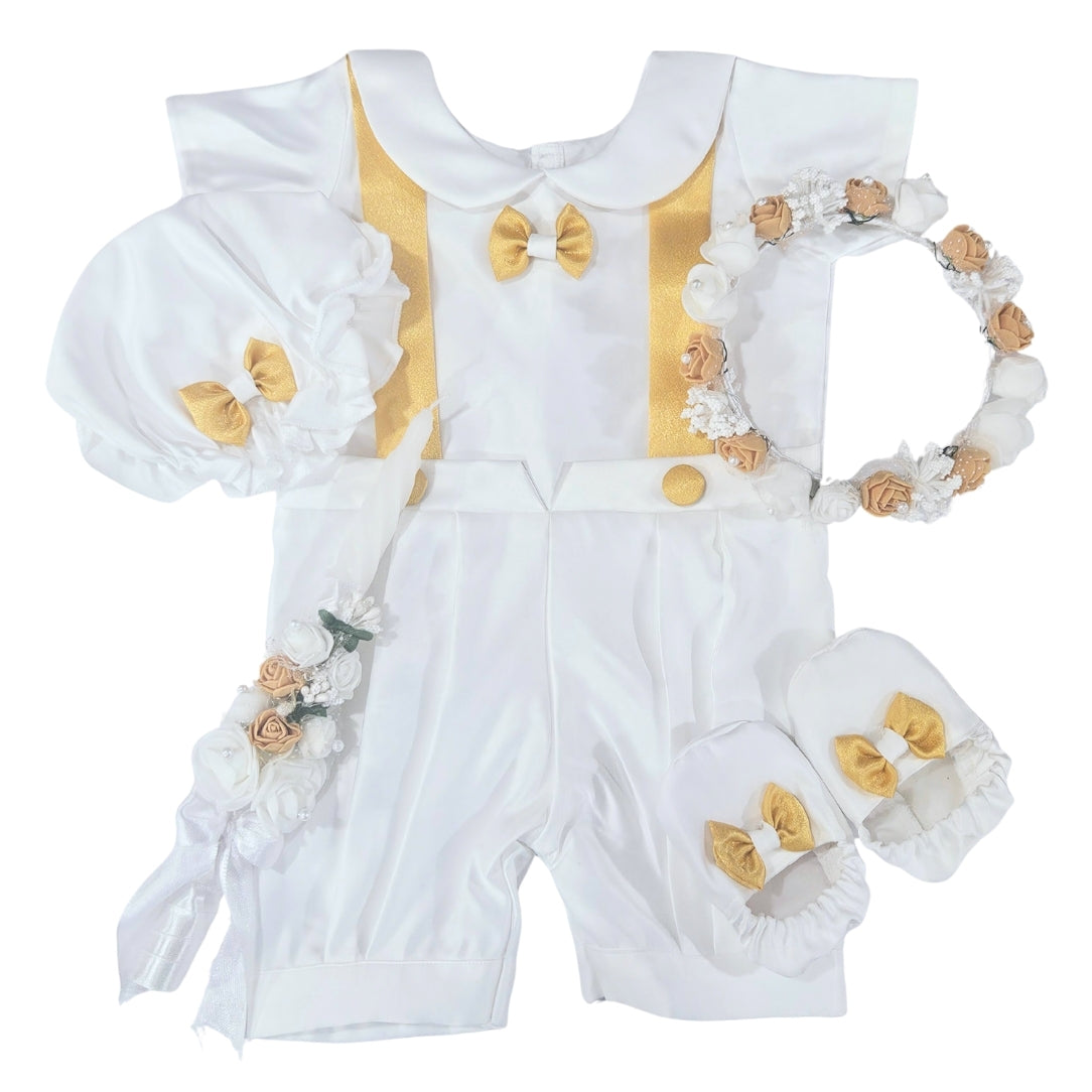 Baby Boys Satin Baptism & Christening Outfit | Premium White & Gold Romper with Cap, Tiara & Candle | Infant Ceremony & Photoshoot Dress Set