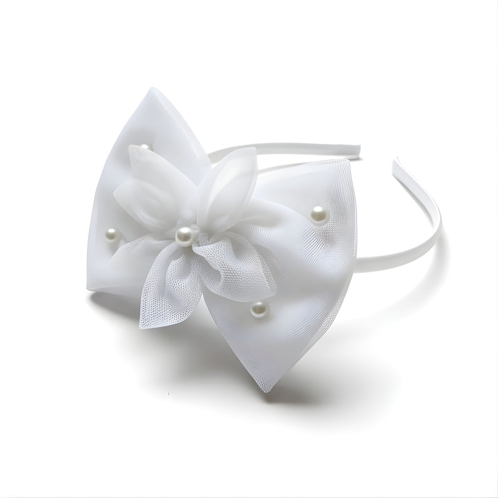 White Baby Headband & Hairband with Tulle Flower and Pearls for Photoshoots & Special Occasions