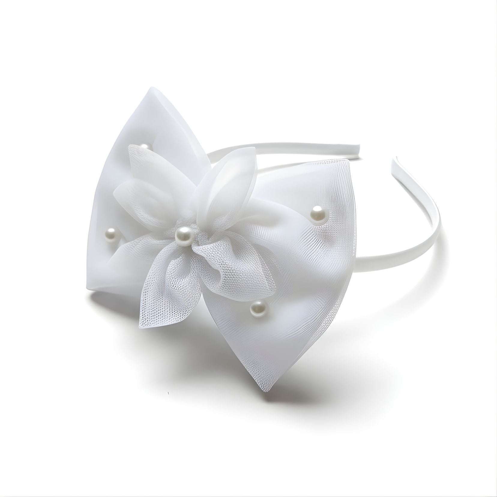 White Baby Headband & Hairband with Tulle Flower and Pearls for Photoshoots & Special Occasions