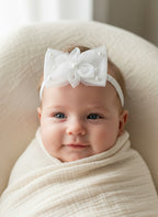 White Baby Headband & Hairband with Tulle Flower and Pearls for Photoshoots & Special Occasions