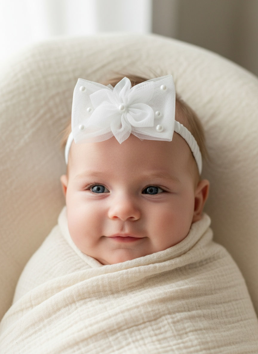 White Baby Headband & Hairband with Tulle Flower and Pearls for Photoshoots & Special Occasions