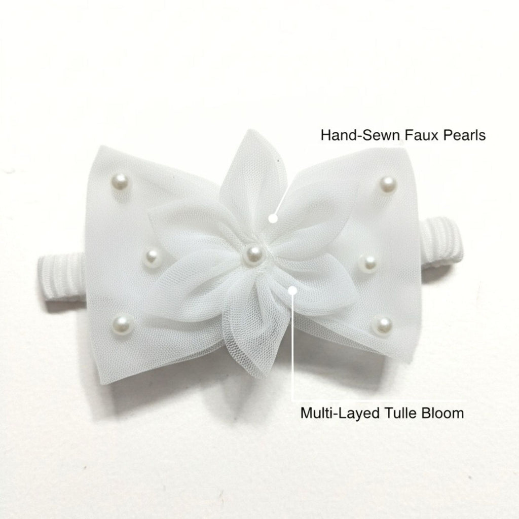 White Baby Headband & Hairband with Tulle Flower and Pearls for Photoshoots & Special Occasions