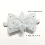 White Baby Headband & Hairband with Tulle Flower and Pearls for Photoshoots & Special Occasions