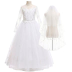 First Holy Communion Dress for Girls with Veil – Elegant Long Sleeve Lace & Tulle Floor-Length Gown for Flower Girl & Formal Events