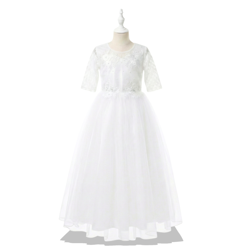 WHITEHOUSEMINIS Classic White Floor-Length Gown for First Holy Communion, Flower Girl & Special Occasions