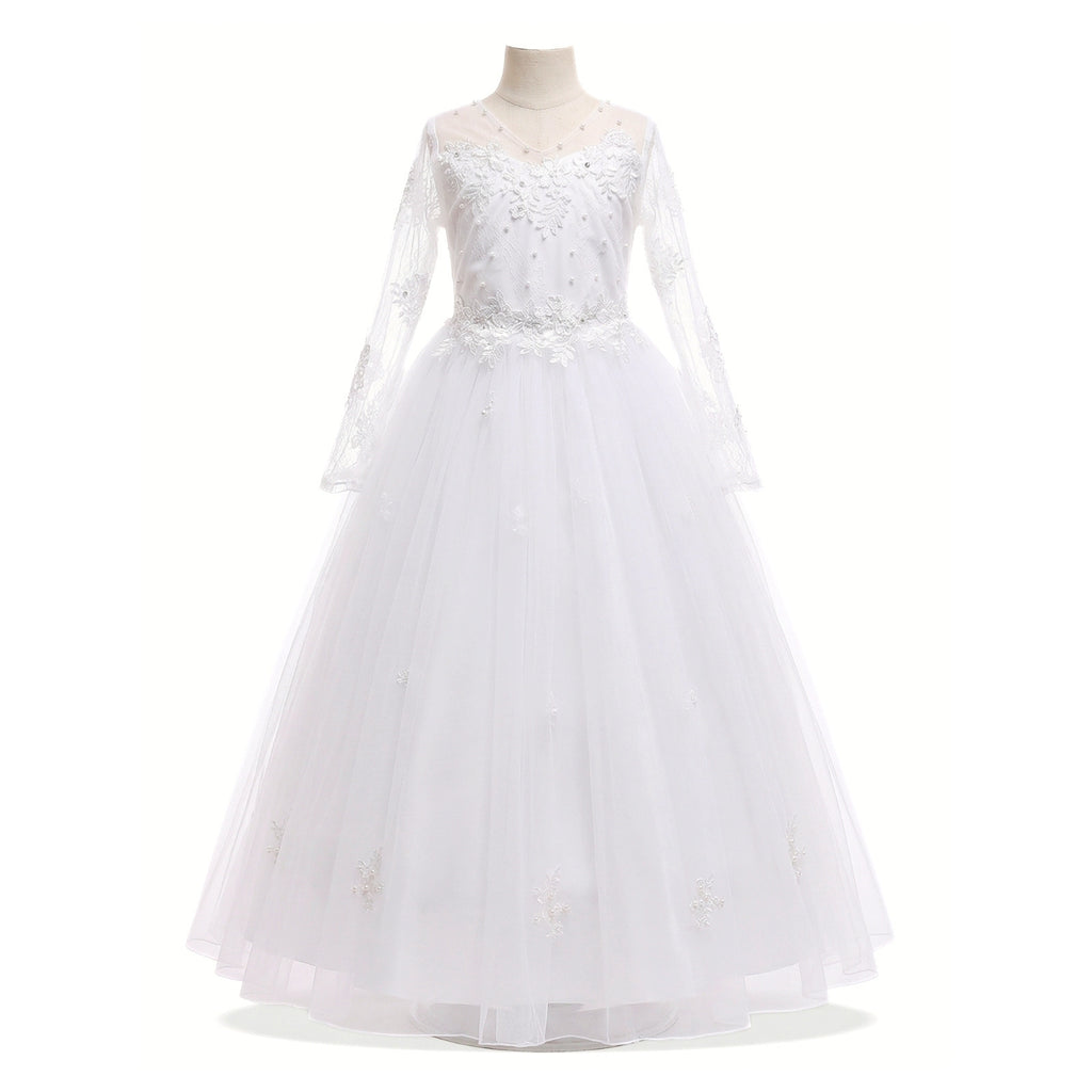 First Holy Communion Dress for Girls with Veil – Elegant Long Sleeve Lace & Tulle Floor-Length Gown for Flower Girl & Formal Events