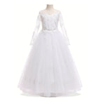 First Holy Communion Dress for Girls with Veil – Elegant Long Sleeve Lace & Tulle Floor-Length Gown for Flower Girl & Formal Events