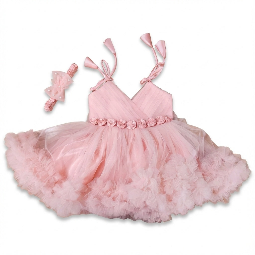Baby Girl Blush Pink Tulle Party Dress with Satin Rose Belt & Matching Headband – Birthday, Photoshoot, Special Occasion Outfit