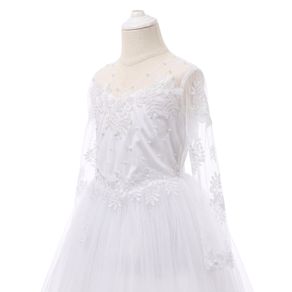 First Holy Communion Dress for Girls with Veil – Elegant Long Sleeve Lace & Tulle Floor-Length Gown for Flower Girl & Formal Events