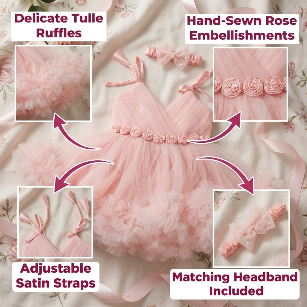 Baby Girl Blush Pink Tulle Party Dress with Satin Rose Belt & Matching Headband – Birthday, Photoshoot, Special Occasion Outfit