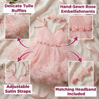 Baby Girl Blush Pink Tulle Party Dress with Satin Rose Belt & Matching Headband – Birthday, Photoshoot, Special Occasion Outfit