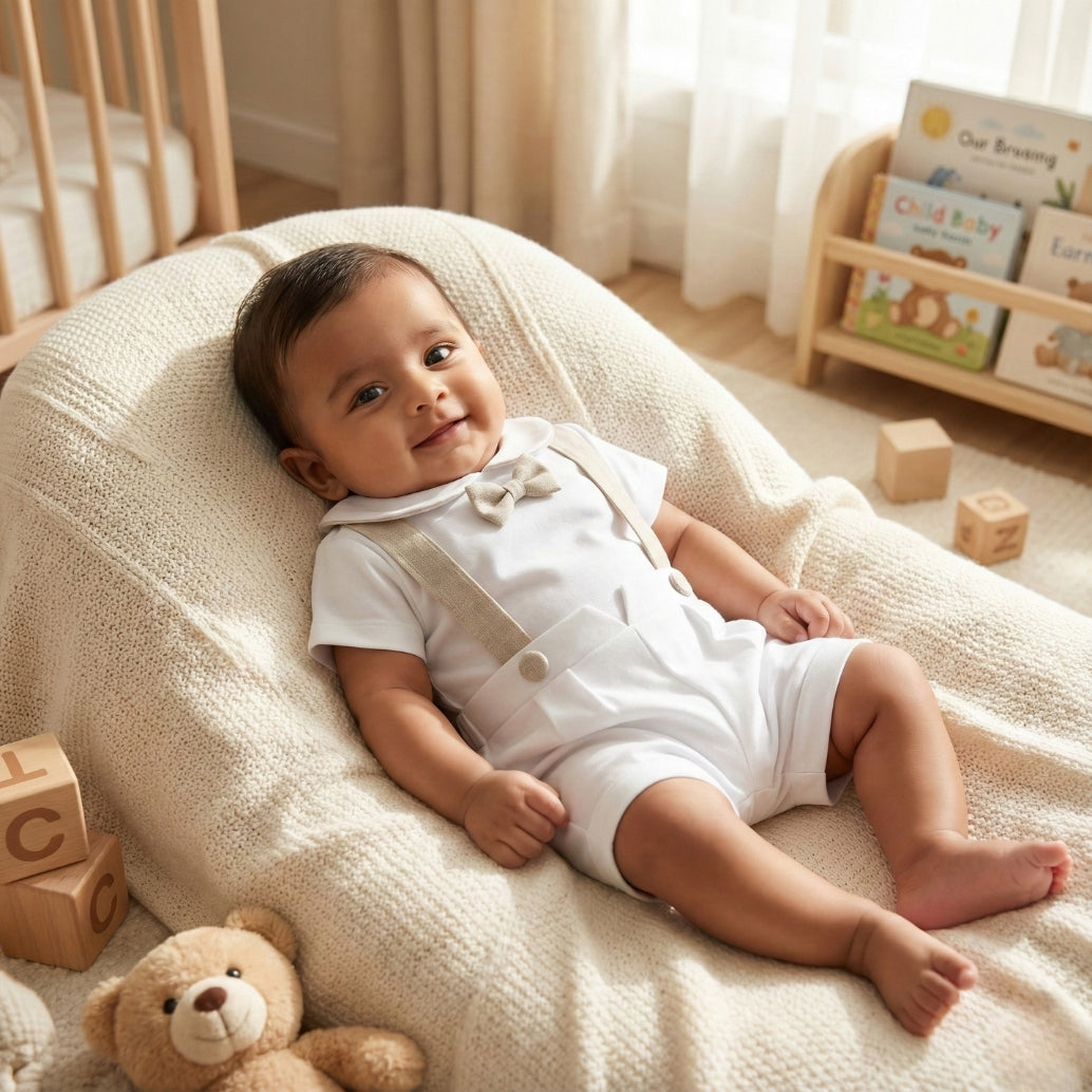 Baby Boys Satin Baptism & Christening Outfit | Premium White & Beige Romper with Cap, Tiara & Candle | Infant Ceremony & Photoshoot Dress Set