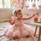 Baby Girl Blush Pink Tulle Party Dress with Satin Rose Belt & Matching Headband – Birthday, Photoshoot, Special Occasion Outfit