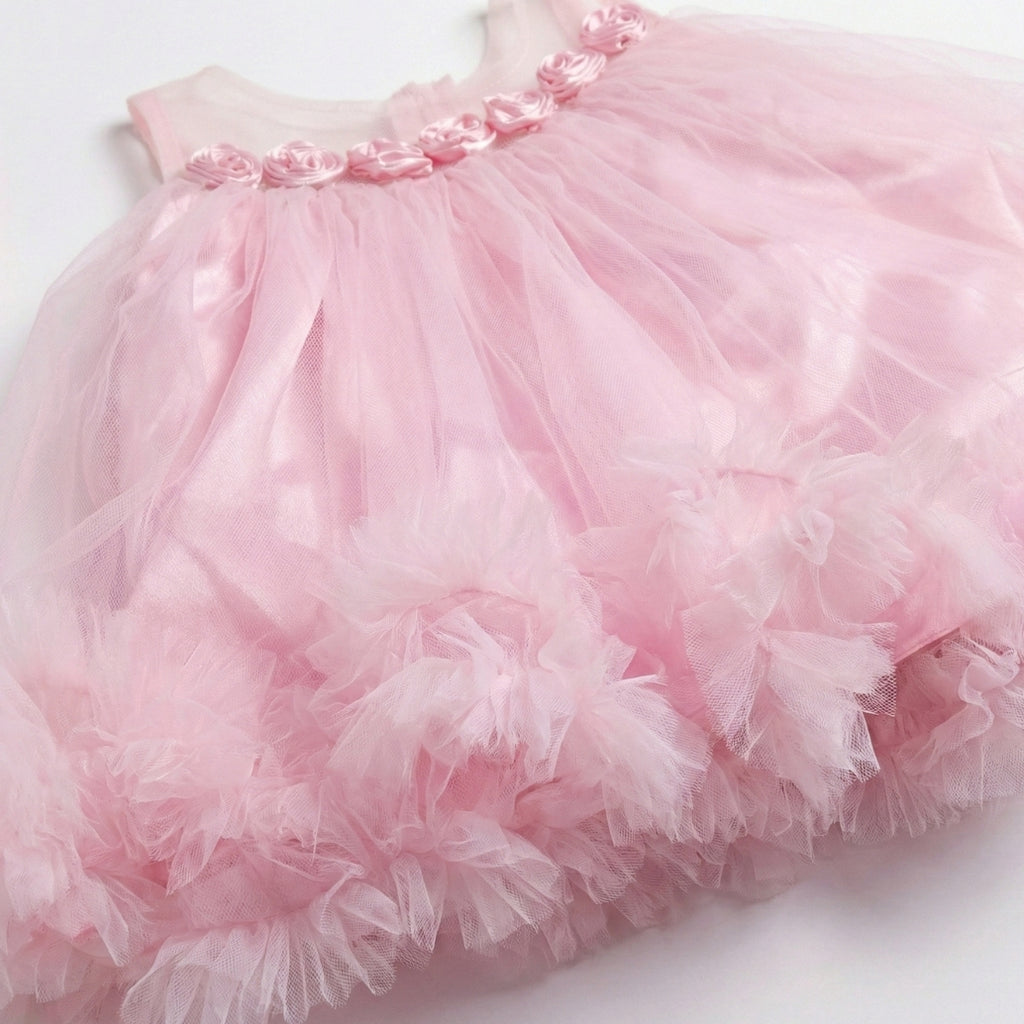 Baby Girls Pink Floor Length Special Occasion Frock | 0–6 Months | Satin Rose Applique Party Dress for Baptism, Birthday & Photoshoot