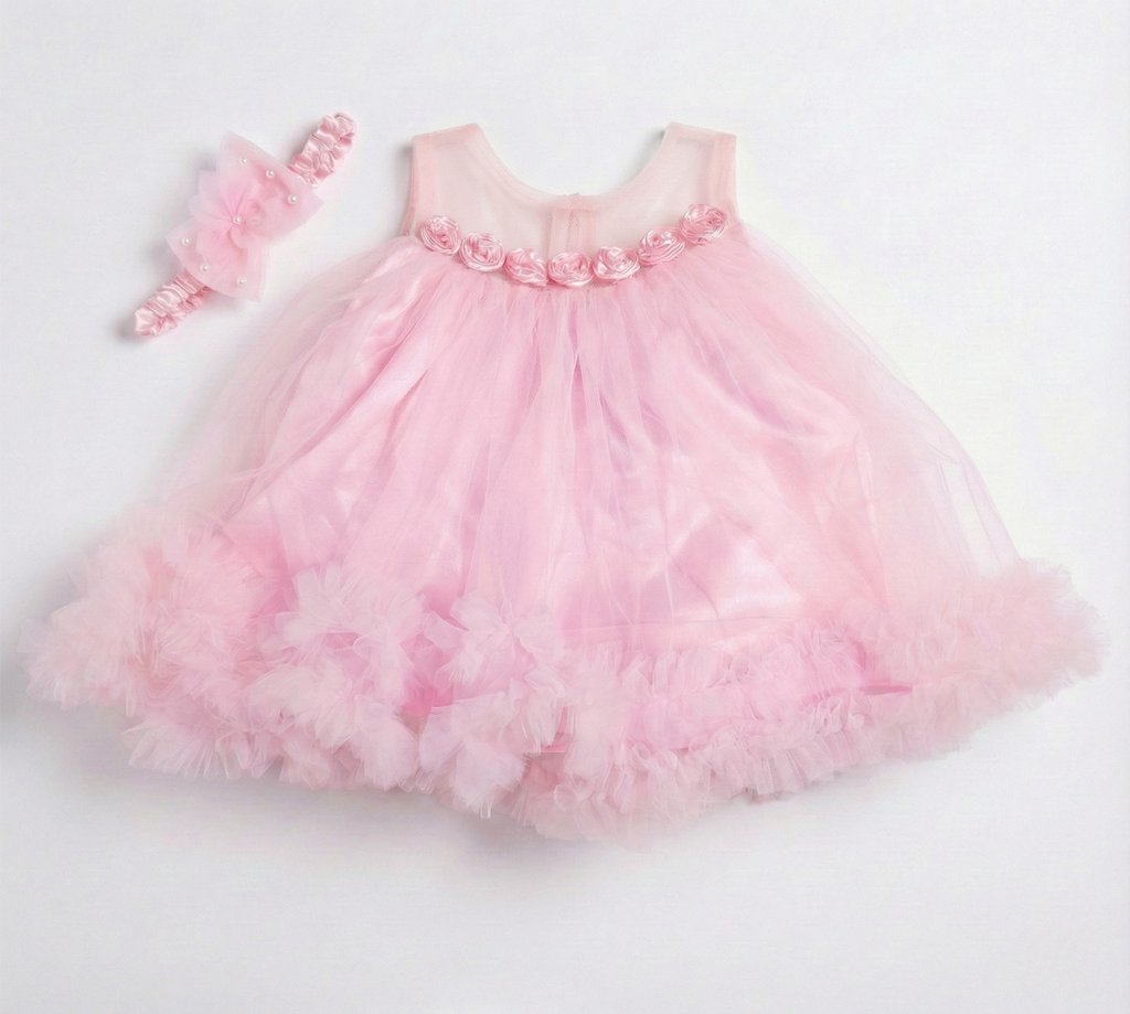 Baby Girls Pink Floor Length Special Occasion Frock | 0–6 Months | Satin Rose Applique Party Dress for Baptism, Birthday & Photoshoot