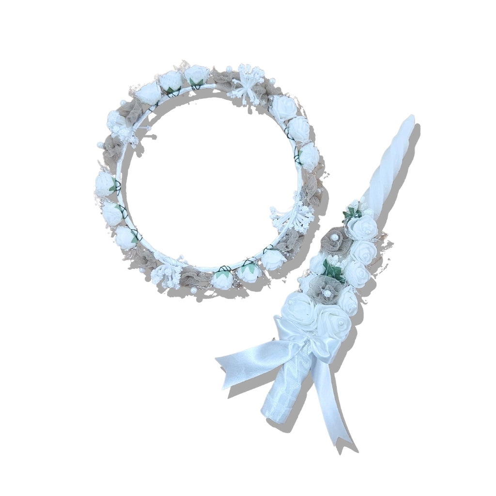 Baby Boys Satin Baptism & Christening Outfit | Premium White & Beige Romper with Cap, Tiara & Candle | Infant Ceremony & Photoshoot Dress Set