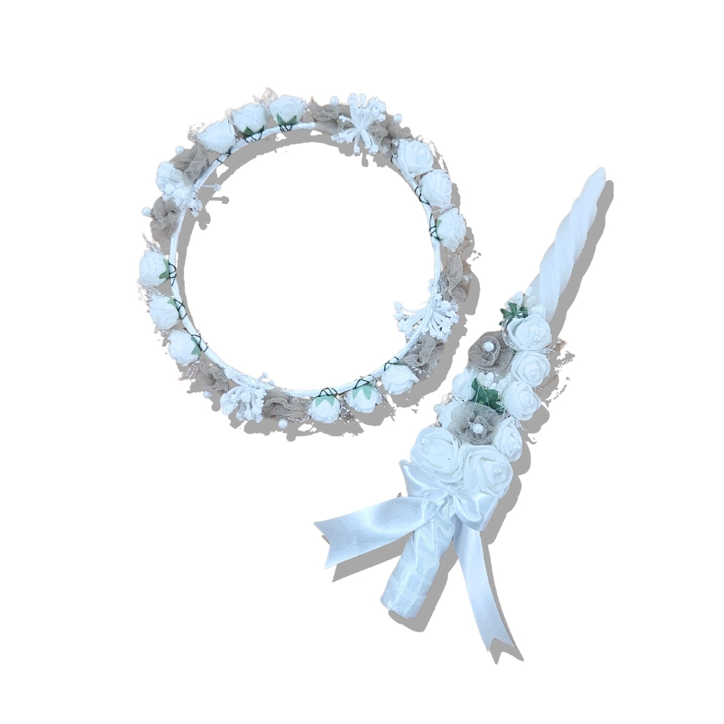 Baby Boys Satin Baptism & Christening Outfit | Premium White & Beige Romper with Cap, Tiara & Candle | Infant Ceremony & Photoshoot Dress Set