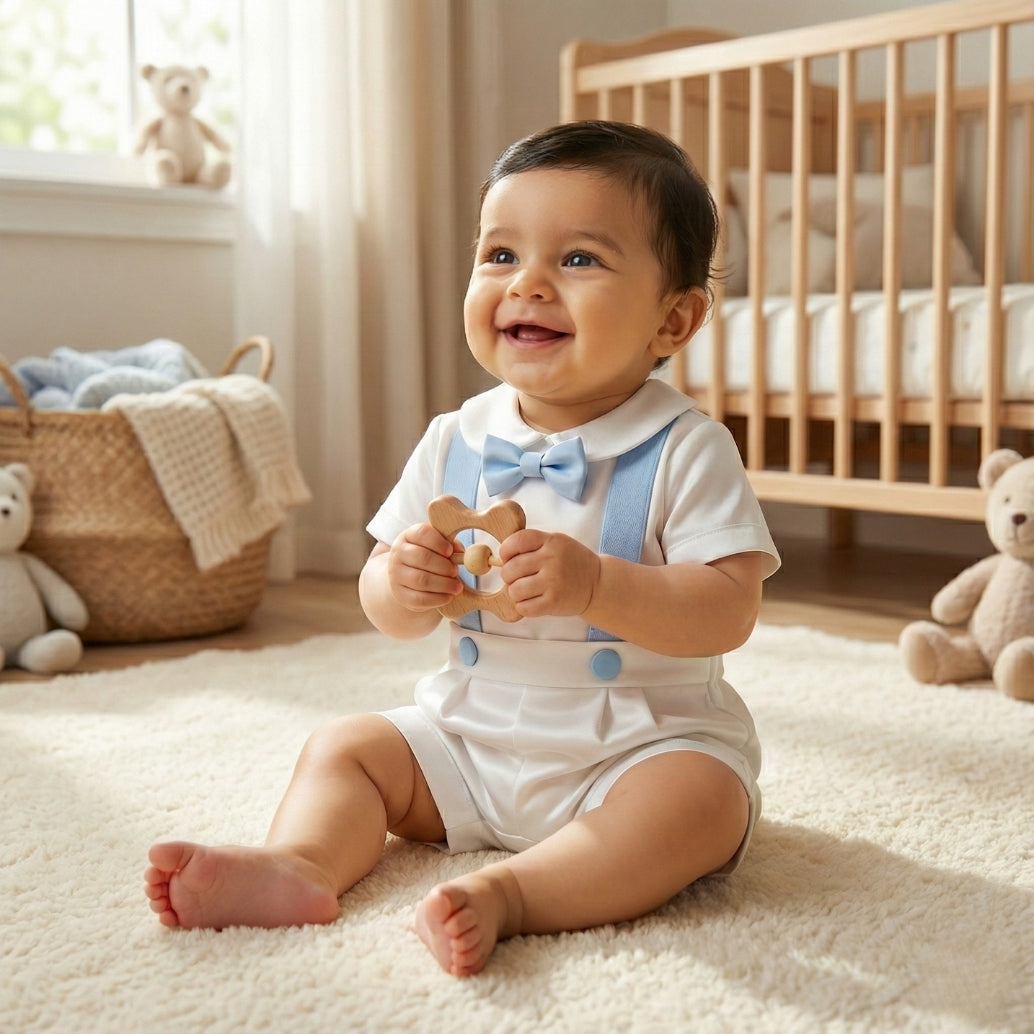Baby Boy Baptism Romper & Combo Set (White & Blue Satin) | Christening Outfit 0-6 Months